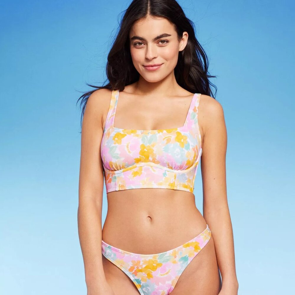 Wild Fable Floral Bikini Top and Bottom - Pink, Yellow, Blue
